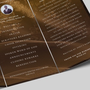 May include: A tri-fold programme in brown and gold for a church service. The programme lists the order of service, including a guest speaker, scripture reading, choir selection, and spoken word of God. The programme also includes the text "Thank you for worshipping with us!"
