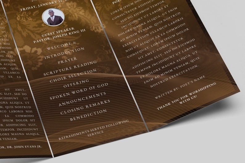 May include: A tri-fold programme in brown and gold for a church service. The programme lists the order of service, including a guest speaker, scripture reading, choir selection, and spoken word of God. The programme also includes the text "Thank you for worshipping with us!"