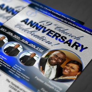 May include: A flyer announcing a 19th church anniversary celebration. The flyer features a photo of a couple, Pastor Joseph Lee and his wife, and the text "19th Church Anniversary Celebration!" in blue and black lettering. The flyer also includes the dates of the celebration, January 30th and 31st, and the name of the church, "The Temple of Fellowship for Christ".
