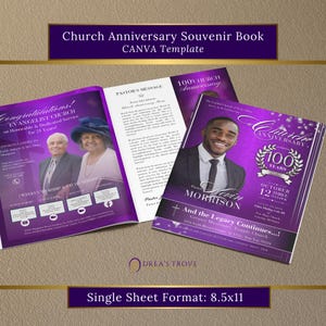 May include: A purple and silver church anniversary souvenir book template with a photo of a man in a suit and tie. The book cover features the text "Church Anniversary 100 Years" and the date "October 12 Three O'Clock". The inside of the book features a pastor's message and a weekly worship schedule.