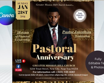 CANVA Pastor Church Anniversary Flyer | Canva | Black & Gold