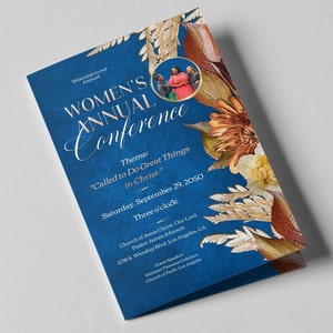 May include: A blue invitation with a floral design and a photo of three people. The text reads "Women's Annual Conference" and "Called to Do Great Things in Christ." The event is scheduled for Saturday, September 29, 2050 at three o'clock at the Church of Jesus Christ Our Lord.