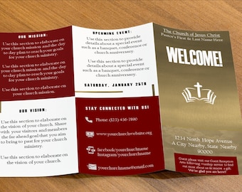 May include: A tri-fold brochure for The Church of Jesus Christ, featuring sections for mission, vision, and upcoming events. The design includes a gold and burgundy color scheme with the text "WELCOME!" and contact information.