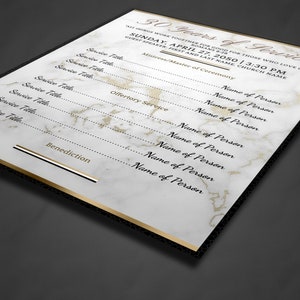 May include: A white and gold marble-patterned printable template for a 30-year service celebration. The template includes a list of service titles and names of people. The text reads "30 Years of Service" and "Sunday, April 27, 2050 | 3:30 PM".