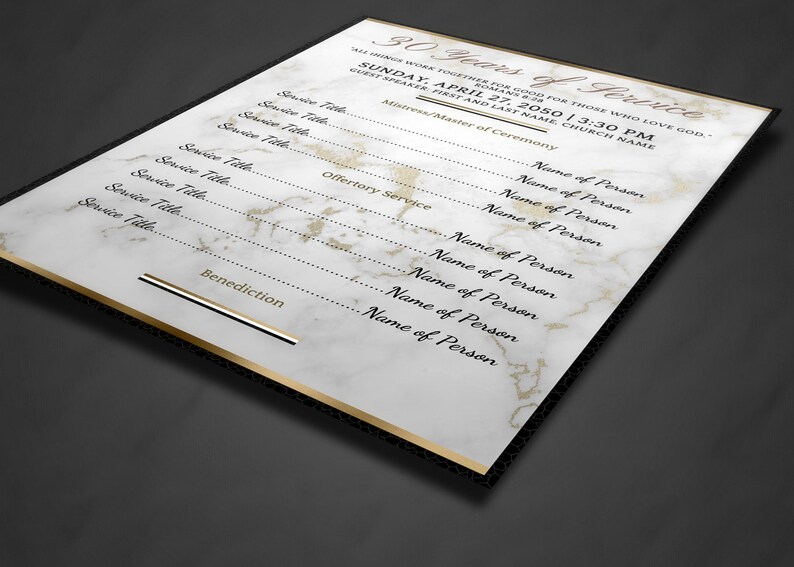 May include: A white and gold marble-patterned printable template for a 30-year service celebration. The template includes a list of service titles and names of people. The text reads "30 Years of Service" and "Sunday, April 27, 2050 | 3:30 PM".