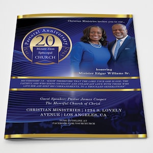 CANVA Pastor Anniversary Program | Pastoral Church Template | Blue & Gold | Size: 11x17 / Folds to 8.5.x11 | 8 page | Program Booklet | E400