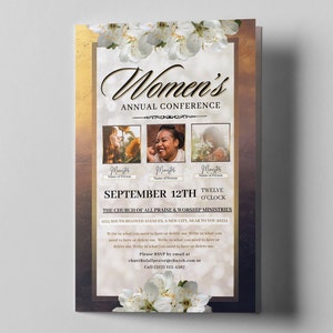 以下が含まれることがあります： The Church of All Praise & Worship Ministriesで開催される女性のための年間カンファレンスのチラシ。チラシは、白の花と3人の女性の画像が描かれた金色と茶色の背景を特徴としています。イベントは9月12日午後0時に開催されます。住所は1234 South Beloved Avenues、A New City、Near to 100 94234です。チラシにはRSVPの連絡先情報が記載されています。