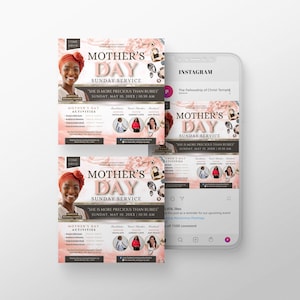 Puede incluir: Un folleto rosa y blanco con un diseño floral y detalles dorados. El folleto anuncia un servicio dominical del Día de la Madre en The Fellowship of Christ Temple. El texto del folleto dice "Mother's Day Sunday Service" y "She is more precious than rubies". El folleto también incluye la fecha y hora del servicio: Domingo, 10 de mayo de 2022 a las 10:30 AM.