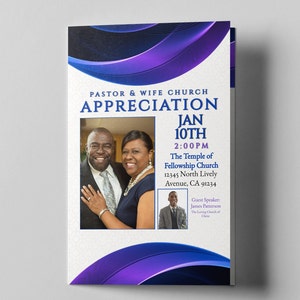 May include: A flyer for a Pastor and Wife Appreciation event at The Temple of Fellowship Church. The event will be held on January 10th at 2:00 PM. The flyer features a photo of the pastor and his wife, and includes the church's address and the name of the guest speaker, James Patterson.
