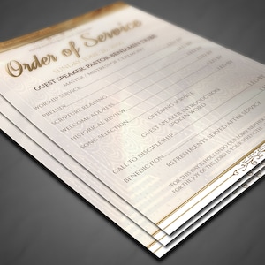 May include: A printable order of service template for a church service. The template includes a list of items for the service, such as the prelude, scripture reading, welcome address, and offering service. The text "Order of Service" is at the top of the page in a gold font.