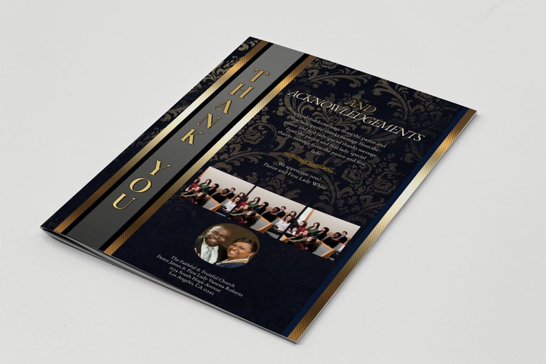 May include: A folded card with a navy blue and gold design. The card features the words "THANK YOU" in gold lettering and a decorative floral pattern. The inside includes text and photos of people.