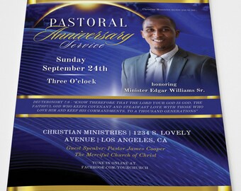 Pastor Anniversary Program | Pastoral Church Canva Template | Blue & Gold | Size: 11x17 / Folds to 8.5.x11 | 8 page | Program Booklet | E400