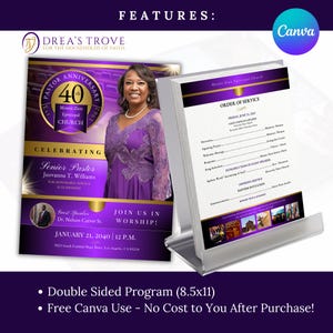 May include: Double-sided program for a church event. The front features a purple and gold design with the text "40th Anniversary" and "Celebrating Senior Pastor Jeovanna T. Williams". The back features a purple and gold order of service for a church event. The text "Order of Service" is printed in gold on a purple background. The program is 8.5 inches by 11 inches.