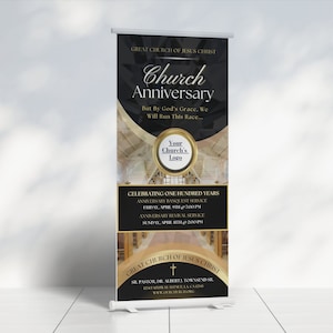 CANVA Church Anniversary Banner | Canva Template | Editable Design Only | Black Gold | 32 inch wide x 71 inch height | Vertical Only