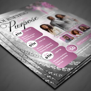 May include: A stack of event flyers with a gray and pink color scheme. The flyers feature the text "Journeying for Purpose" and event details, including speakers and a schedule for September 4th-6th. Decorative elements include floral accents and simulated gemstones.