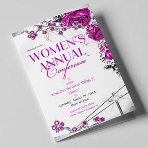 May include: A brochure for a Women's Annual Conference, featuring a white background with pink floral accents and text. The title "WOMEN'S ANNUAL Conference" is prominently displayed. The theme is "Called to Do Great Things in Christ."