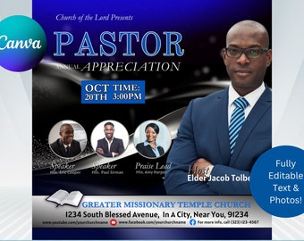 May include: A blue and black flyer with a photo of a man in a suit. The flyer advertises a Pastor Appreciation event at Greater Missionary Temple Church on October 20th at 3:00 PM. The flyer includes the church's address, website, and phone number.