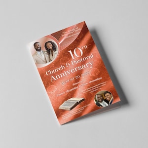 May include: A brochure for a church anniversary celebration. The cover is a reddish-orange color with the text "10th Church & Pastoral Anniversary." It includes photos of people and an open book.