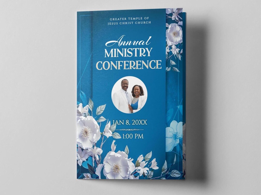 Blue Floral Church Program Template | Editable Bifold Design (digital ...