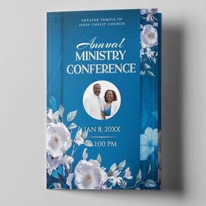 May include: A blue brochure with the text "Annual MINISTRY CONFERENCE" and the date "JAN 8, 20XX". The brochure features a photo of two people in a circle and floral accents.