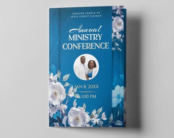 Blue Floral Church Program Template | Editable Bifold Design (Digital)