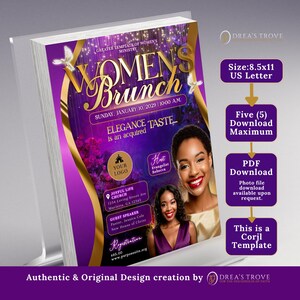 May include: A Women's Brunch flyer template with a purple and gold design. The flyer includes event details, images of women, and the text "Elegance Taste... is an acquired". The flyer is 8.5x11 inches.