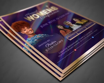 May include: A flyer for a Women's Conference on June 30th at 12:00 PM. The flyer features a purple and blue background with a rainbow effect. The text "Annual Women's Conference" is in gold lettering. The flyer also includes the name of the host, Pastor Julia Glory, and the location of the event, Greater Missionary Temple Church.