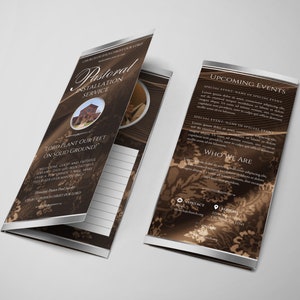 May include: A tri-fold brochure with a brown background and gold accents. The front panel features the text "Pastoral Installation Service" and a photo of a church building. The back panel has the text "Upcoming Events" and "Who We Are".