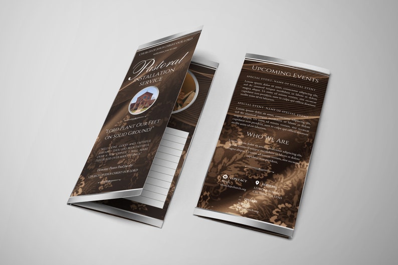 May include: A tri-fold brochure with a brown background and gold accents. The front panel features the text "Pastoral Installation Service" and a photo of a church building. The back panel has the text "Upcoming Events" and "Who We Are".