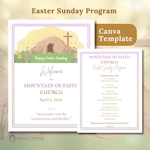 May include: An Easter Sunday program template, featuring a light purple border and a cross illustration. The design includes the text "Happy Easter Sunday", "Welcome to Mountain of Faith Church", and service details. Canva template.