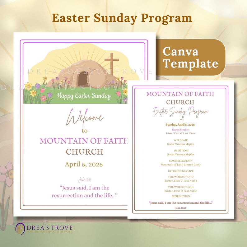 May include: A Canva template for an Easter Sunday program. The design features a light purple border, a cross, and a tomb illustration. The text includes "Happy Easter Sunday", "Welcome to Mountain of Faith Church", and service details.