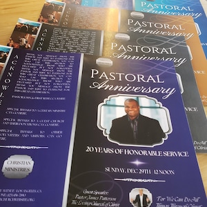 May include: A purple and gold invitation for a 20th Pastoral Anniversary celebration. The invitation features a photo of a man in a suit and tie, and the text "20 Years of Honorable Service" and "Sunday, Dec 29th 12 Noon".