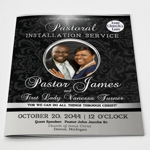 CORJL Pastoral Installation Pastor Program Template | Editable | Vintage Royal Black & Silver | Size: 11X17 / Folds to 8.5x11 | 12 Pages