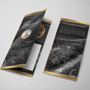 CANVA Pastor Anniversary / Church Anniversary Program | Trifold Brochure Template | Editable | Ribboned Dark Gray / Black Gold | Size 11x8.5