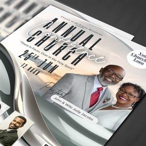 May include: A flyer for the Annual Church Conference, featuring the text "Annual Church Conference" and "25th Jun 12 Noon". The flyer includes photos of the pastor and his wife, along with guest speakers. The design incorporates a silver and white color scheme.