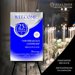 CANVA Church Anniversary Silver White & Blue Poster | Editable Template | Size 24in x 36in | Gala Banquet Welcome Sign | Personalize Print