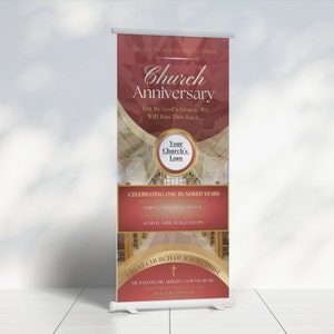 CANVA Church Anniversary Banner | Canva Template | Editable Design Only | Red Gold | 32 inch wide x 71 inch height | Vertical Only