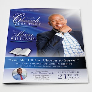 May include: A blue and white flyer announcing the seventh church anniversary of MT. Zion Church of God in Christ, honoring Pastor Alvin Williams. The flyer features a photo of Pastor Williams and includes the date and time of the event: September 21st at 3:00 PM. The guest speaker is Pastor Thomas North of Greater Missionary Baptist Church in Detroit, Michigan.