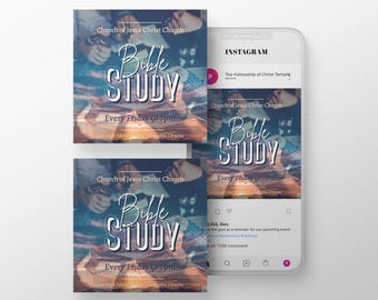 May include: An Instagram post and printed flyers promoting a Bible study. The flyers and the phone screen display the text "Bible Study" in a stylized font, with the church name and time of the event. The background has a blue and orange gradient.