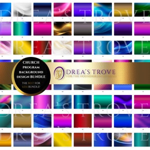 May include: A collection of digital backgrounds in various colors, including blue, pink, gold, and purple. The image features a central logo with the text "CHURCH PROGRAM BACKGROUND DESIGN BUNDLE" and "DREA'S TROVE FOR THE HOUSEHOLD".
