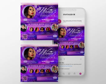 May include: Purple flyer with a woman's face in the center, advertising a Women's Annual Conference. The flyer includes the text "Women's Annual Conference" and "Getting Ready to Thrive in 2025". The conference dates are October 30th through November 2, 2034. The flyer also includes a QR code and a list of speakers.
