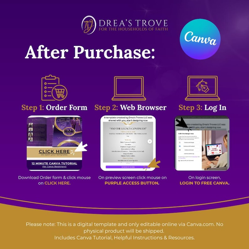 Puede incluir: Un gr&aacute;fico morado y dorado con el texto "Drea's Trove" y "For the Households of Faith". El gr&aacute;fico tambi&eacute;n incluye el texto "Despu&eacute;s de la compra:" y describe tres pasos para acceder a una plantilla digital: 1. Formulario de pedido, 2. Navegador web y 3. Iniciar sesi&oacute;n. El gr&aacute;fico incluye im&aacute;genes de una lista de verificaci&oacute;n, un navegador web y una pantalla de computadora.