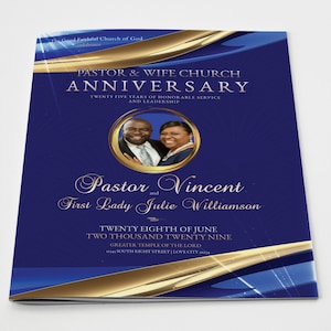 CORJL Church / Pastoral Anniversary Program Template | Fully Editable Pages | Renewed Blue & Gold | Size: 11x17-Folded-8.5x11 | 8 pages