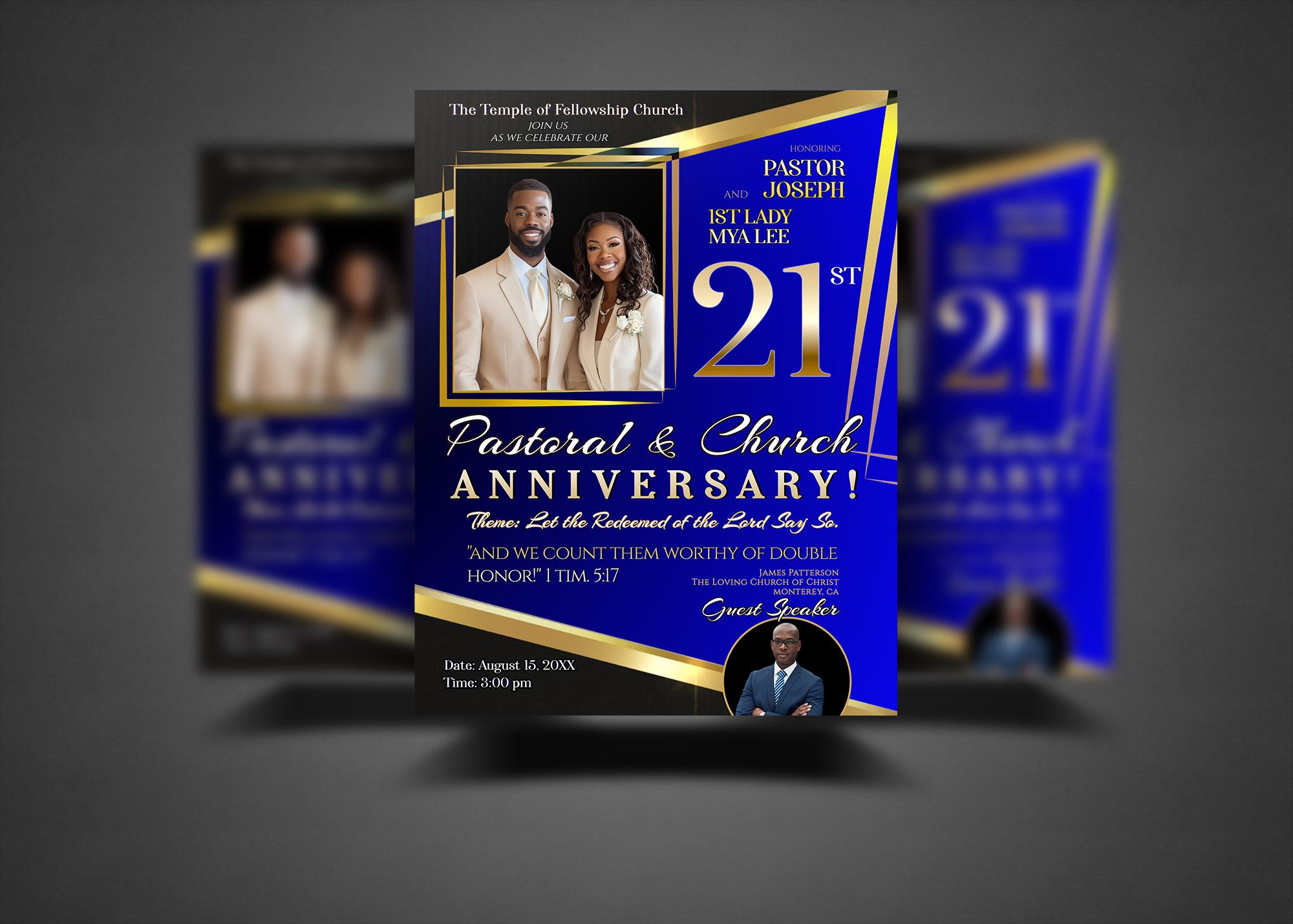 CORJL Church Anniversary Flyer Template | Editable in Corjl | 8.5x11 Size | Blue Gold & Classic Black | Pastor Wife Invitation