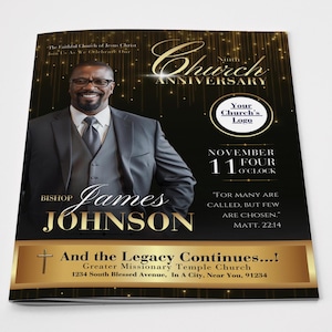 May include: A black and gold church anniversary flyer featuring a man in a suit, Bishop James Johnson. The flyer includes the text "Ninth Church Anniversary", date, time, and a Bible verse.