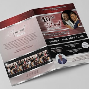 CORJL Pastor&#39;s Appreciation Program Template | Church Anniversary | Editable | Royal Red Silver | Size: 11x8.5, Fold 8.5x5.5 | 4 Page