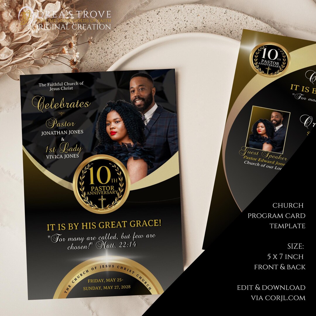 CORJL Church Anniversary Program Card | Front & Back Editable Banquet ...