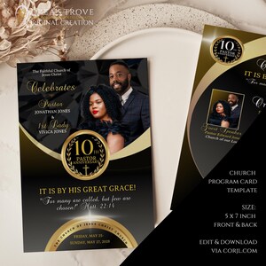 Pode incluir: Um modelo de cartão de programa de igreja preto e dourado com uma foto de um casal celebrando seu 10º aniversário de pastor. O texto diz "The Faithful Church of Jesus Christ Celebrates Pastor Jonathan Jones & 1st Lady Vivica Jones 10th Pastor Anniversary It Is By His Great Grace! "For many are called, but few are chosen!" Matt. 22:14 Friday, May 25 - Sunday, May 27, 2028 The Church of Jesus Christ Church Guest Speaker Pastor Edward Jones Church of our Lord Modelo de cartão de programa de igreja Tamanho: 5 x 7 polegadas Frente e verso Editar e baixar via corjl.com"
