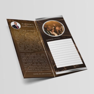 May include: A brown and gold tri-fold brochure with a photo of a choir singing. The brochure is titled "Pastor's Biography" and includes a section for sermon notes.