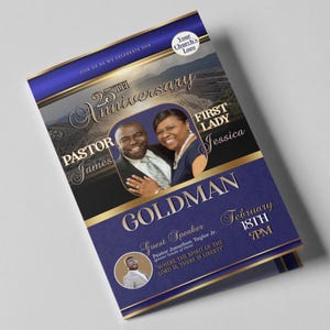 CORJL Church Anniversary Program Template | Pastor Appreciation | Editable | Navy Blue Gold | 2 Sizes: 17x11 and 11x8.5 + Bonus Flyer